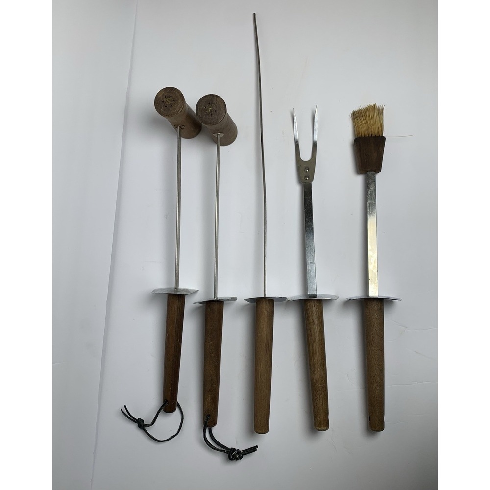 Vintage Androck Mid-century‎ Fondue & BBQ Tool Set – 5 Pc Wooden Handles